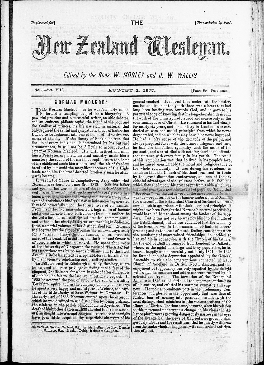 The New Zealand Wesleyan: 1st August 1877