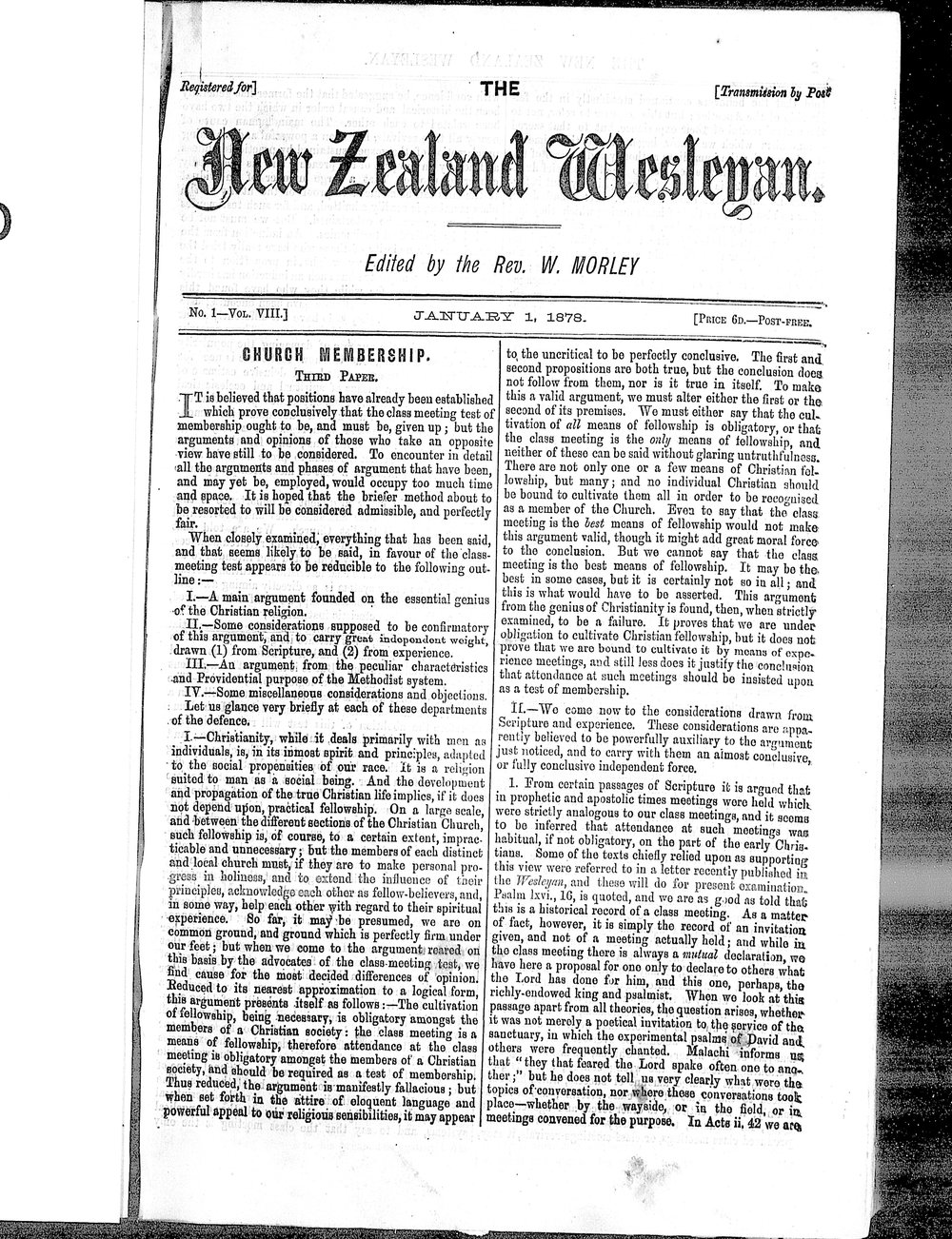 The New Zealand Wesleyan: 1st January 1878