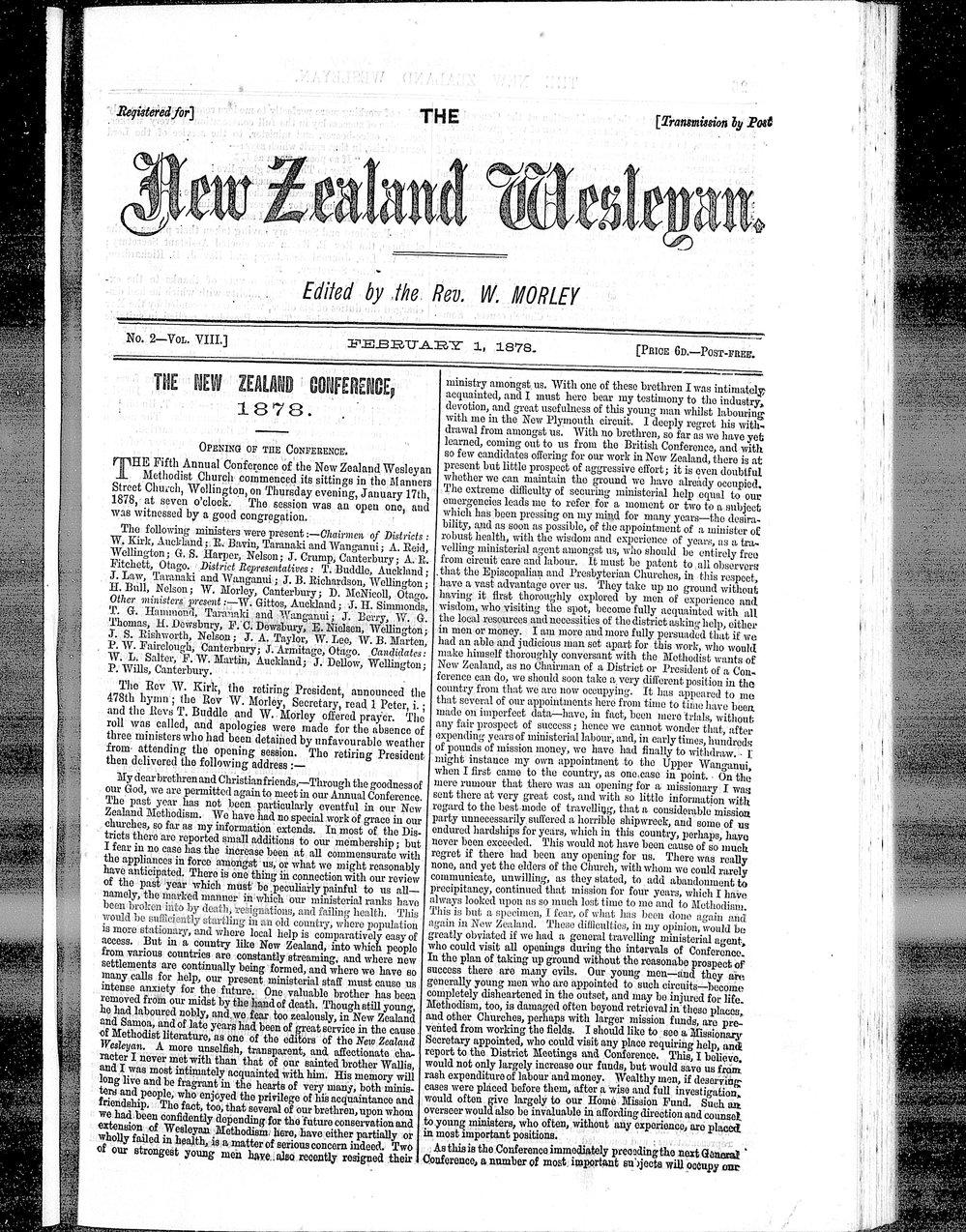 The New Zealand Wesleyan: 1st February 1878