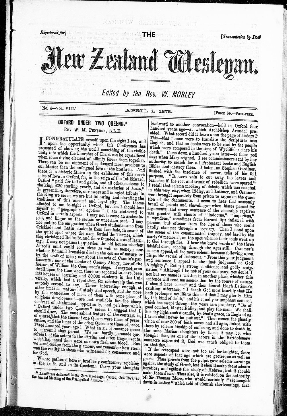 The New Zealand Wesleyan: 1st April 1878