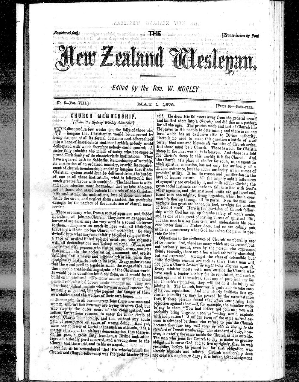The New Zealand Wesleyan: 1st May 1878
