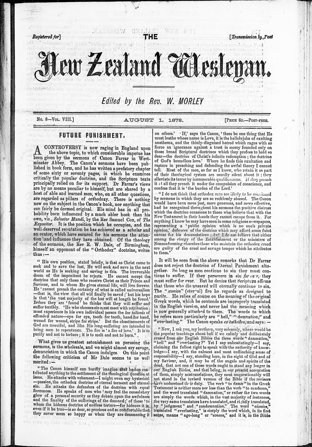 The New Zealand Wesleyan: 1st August 1878