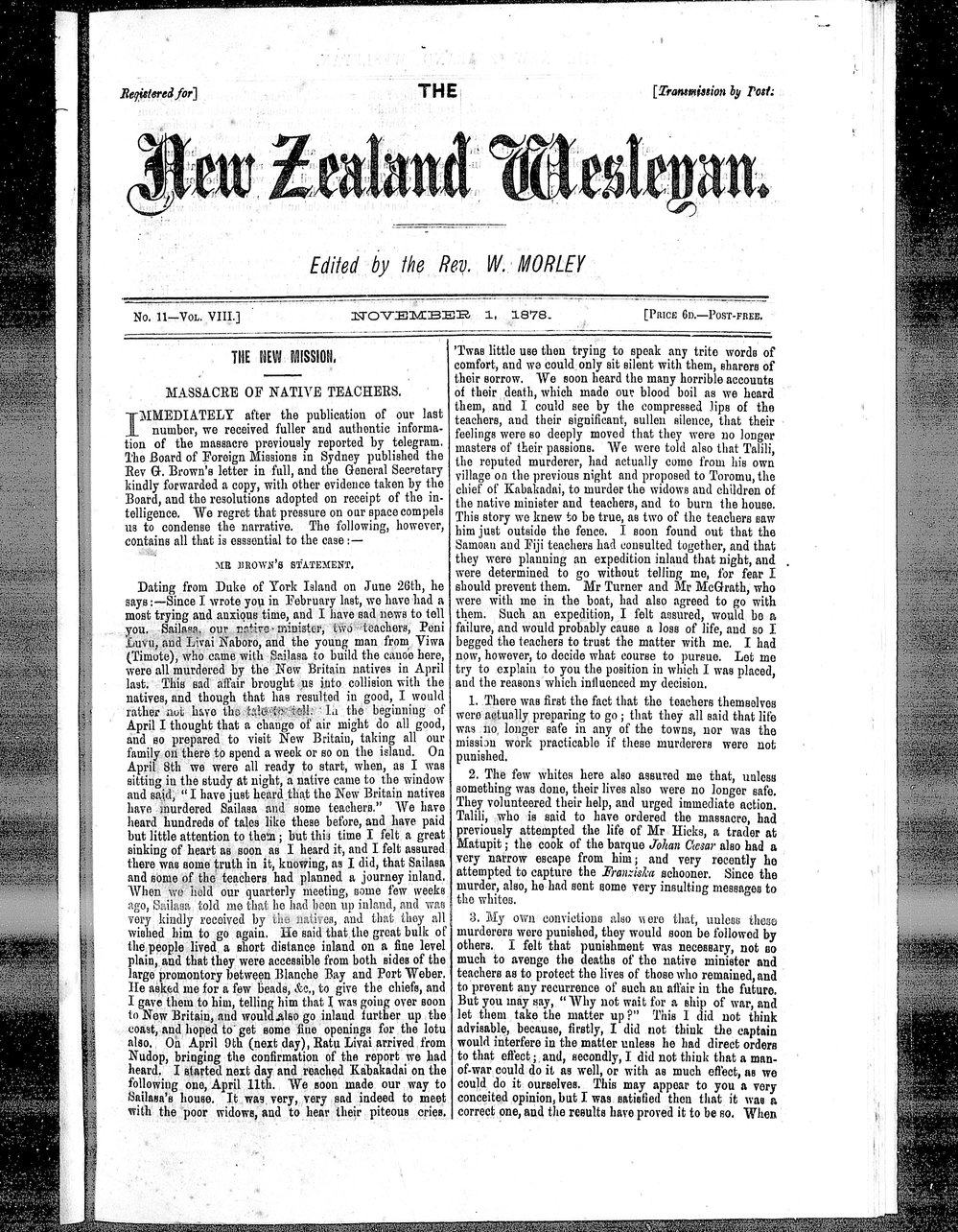 The New Zealand Wesleyan: 1st November 1878