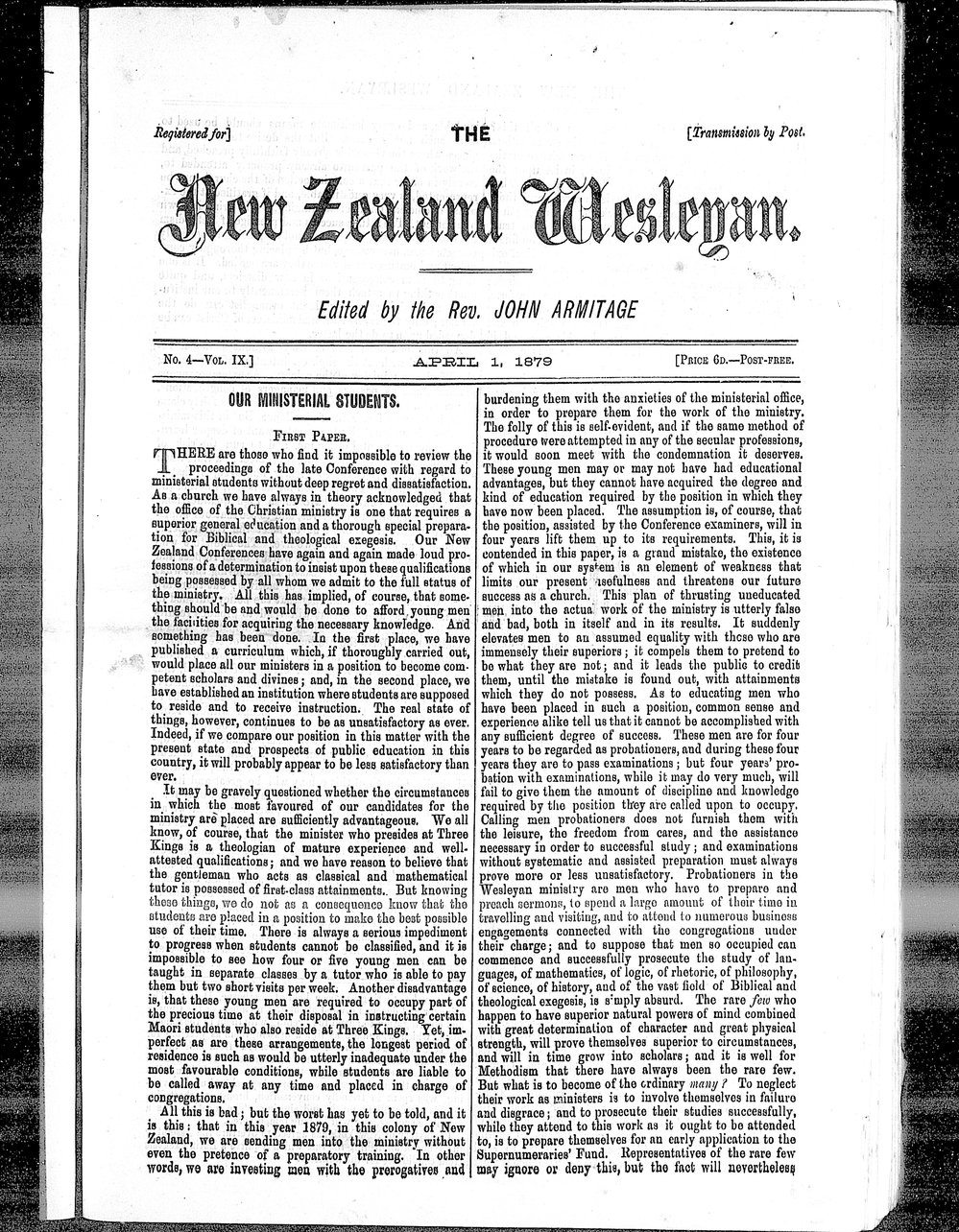The New Zealand Wesleyan: 1st April 1879