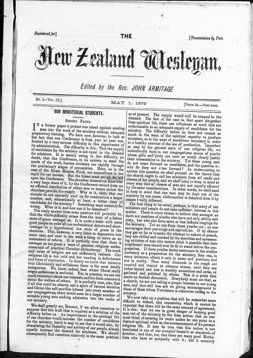 The New Zealand Wesleyan: 1st May 1879