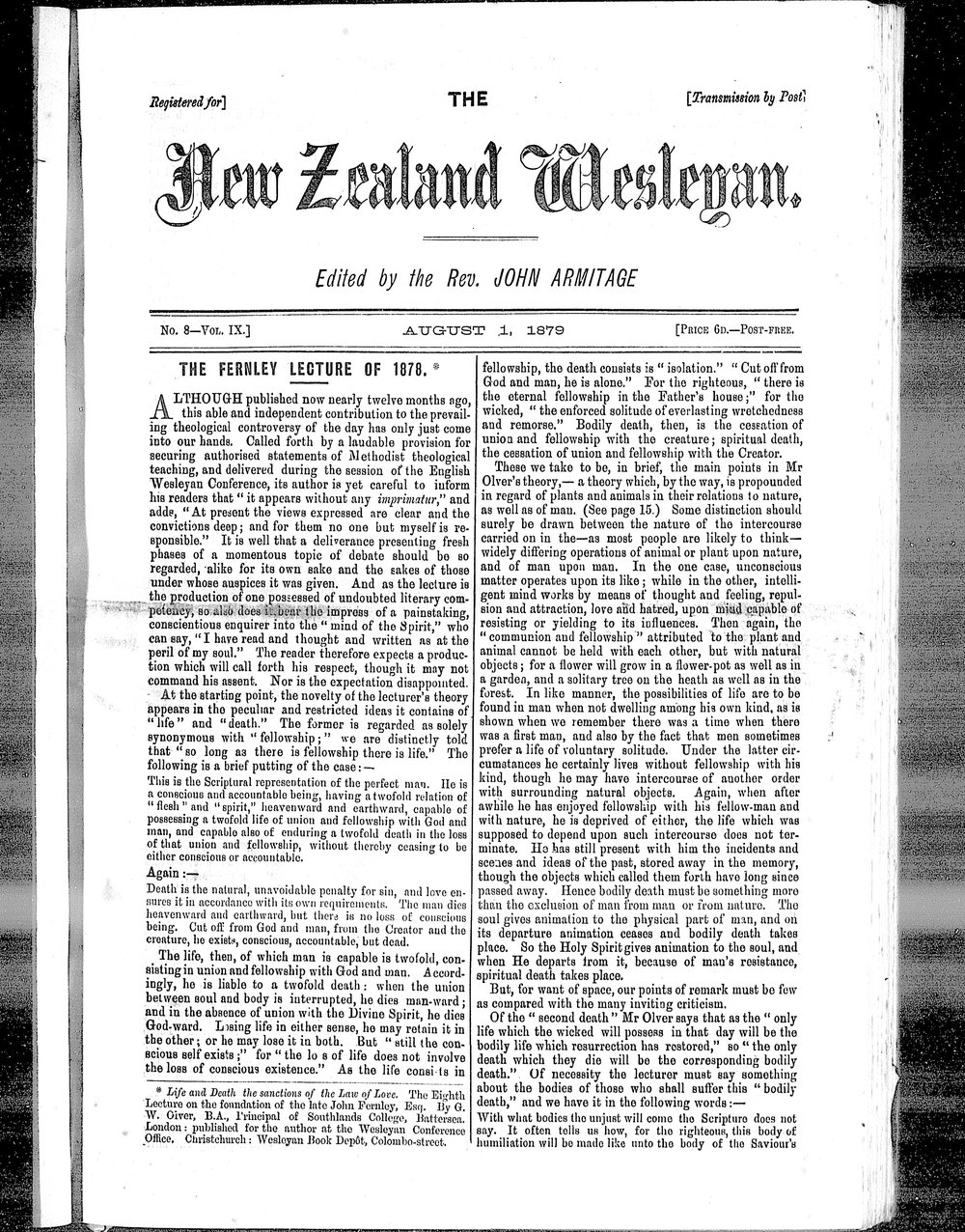 The New Zealand Wesleyan: 1st August 1879