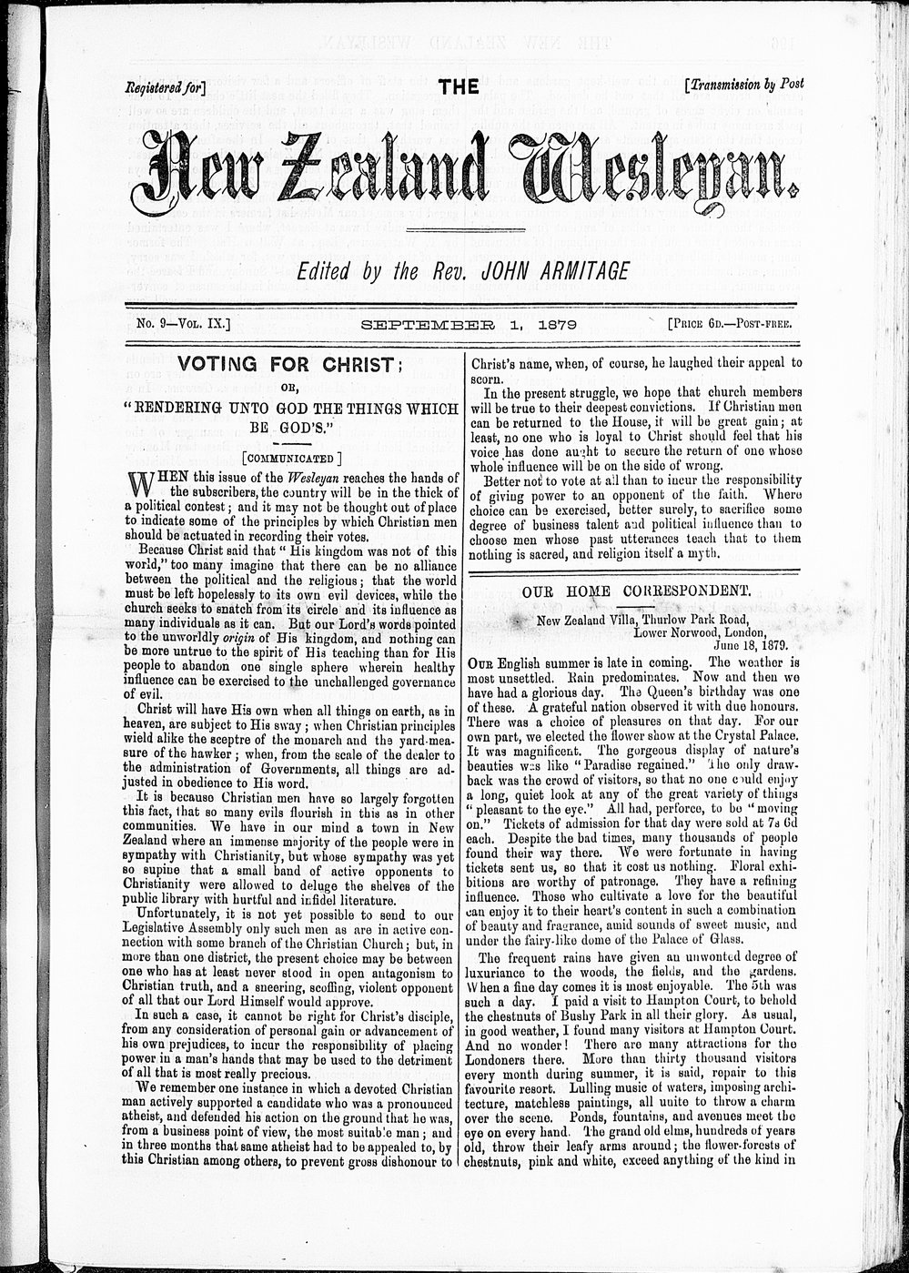 The New Zealand Wesleyan: 1st September 1879