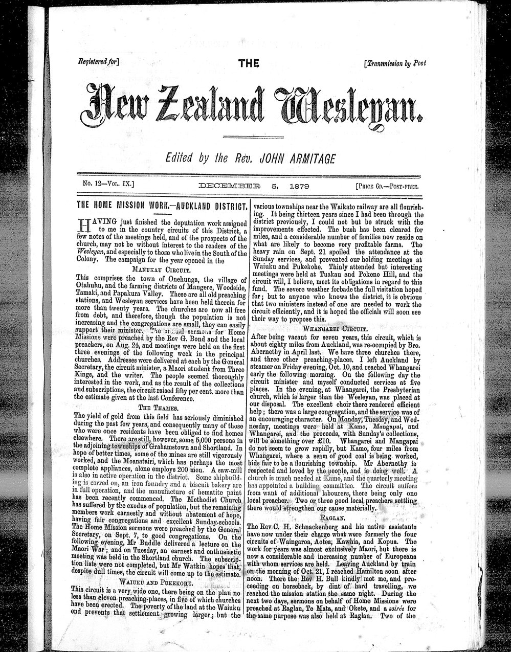 The New Zealand Wesleyan: 5th December 1879