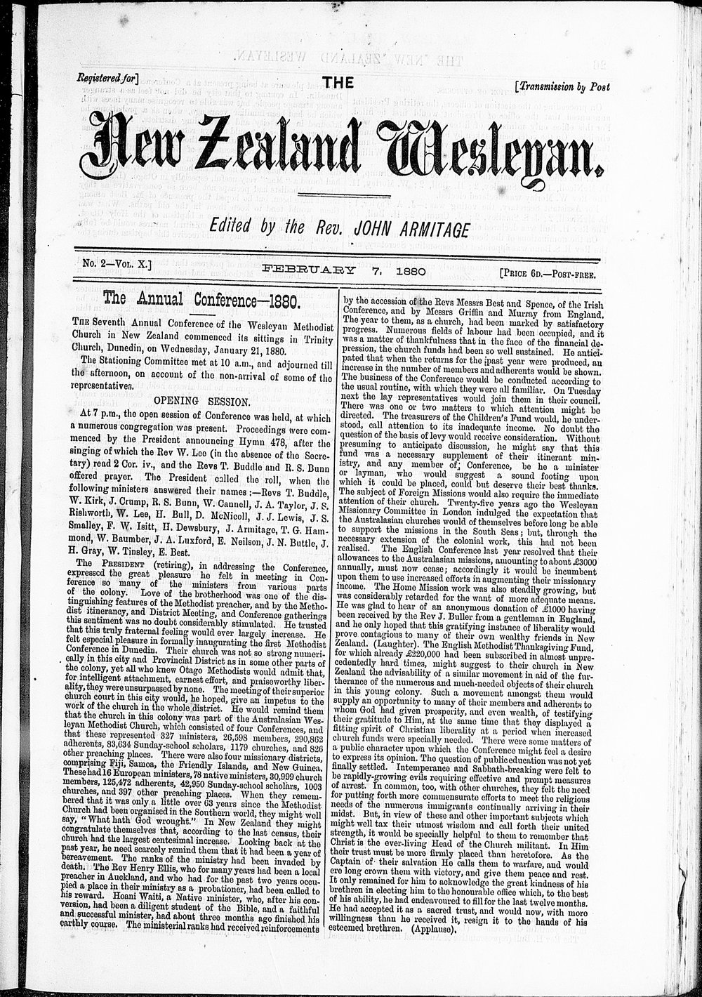 The New Zealand Wesleyan: 7th February 1880