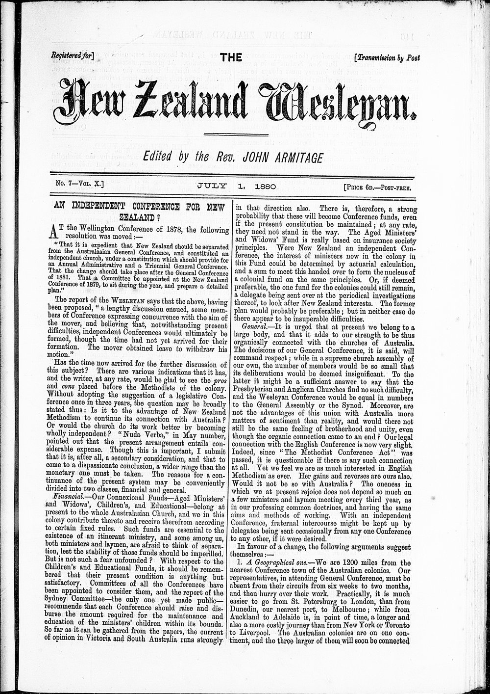 The New Zealand Wesleyan: 1st July 1880