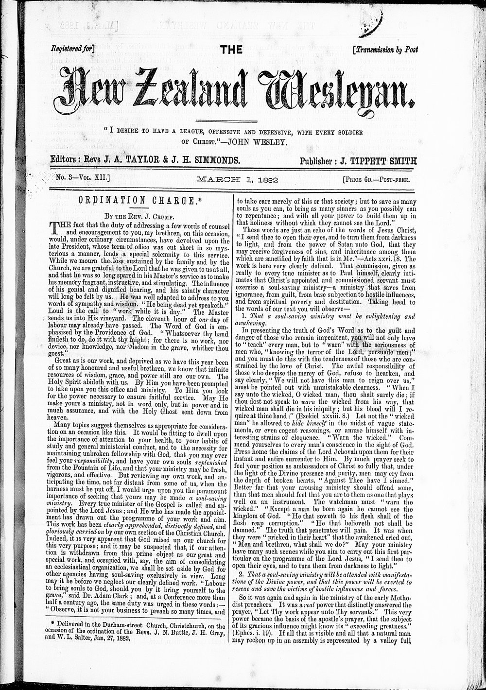 The New Zealand Wesleyan: 1st March 1882