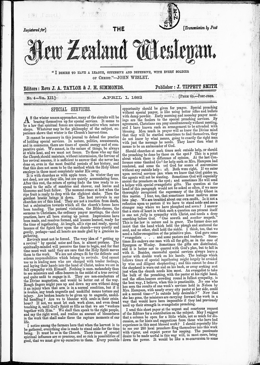 The New Zealand Wesleyan: 1st April 1882