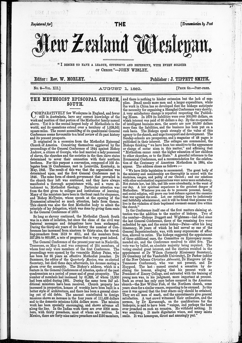 The New Zealand Wesleyan: 1st August 1882