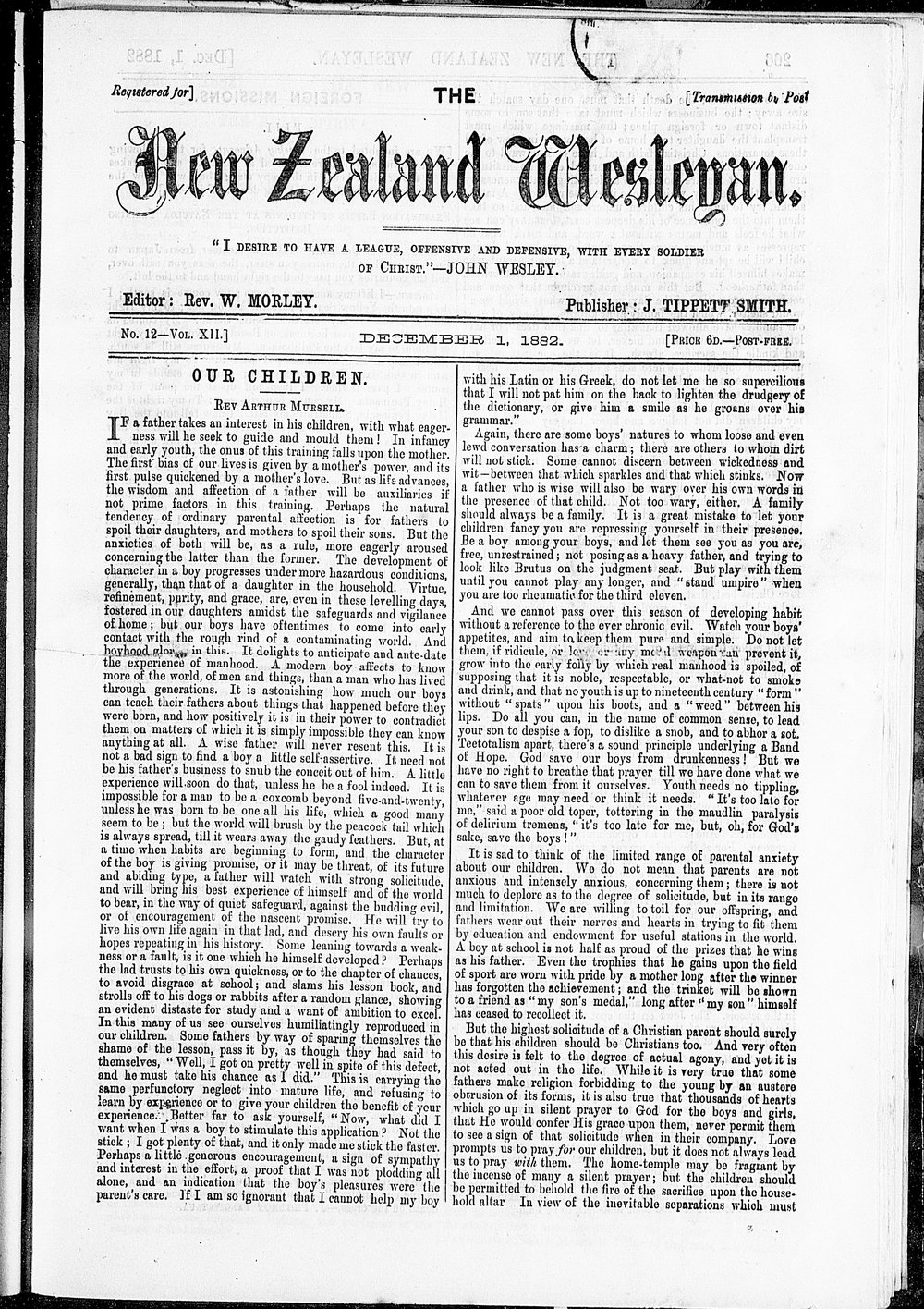 The New Zealand Wesleyan: 1st December 1882