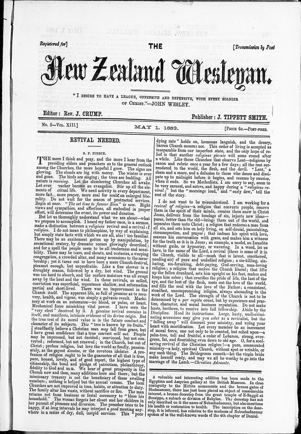 The New Zealand Wesleyan: 1st May 1883