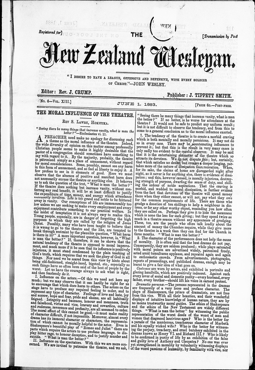 The New Zealand Wesleyan: 1st June 1883