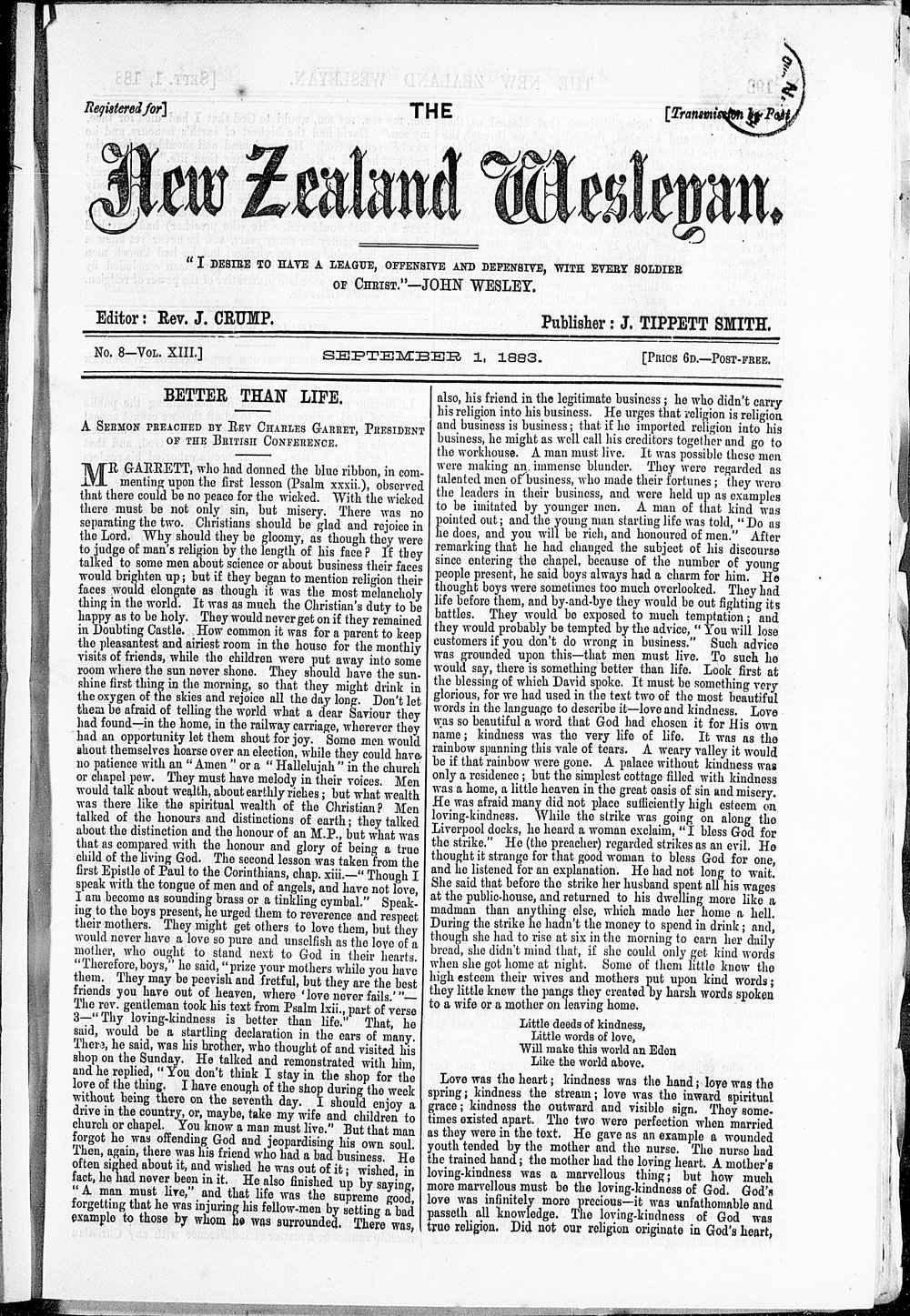 The New Zealand Wesleyan: 1st September 1883