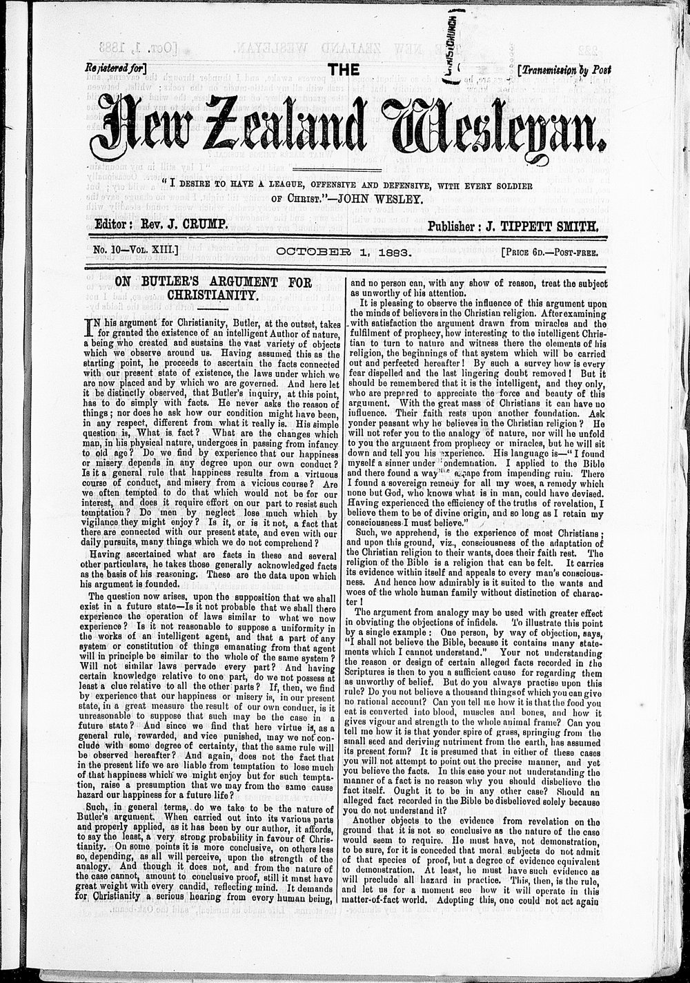 The New Zealand Wesleyan: 1st October 1883