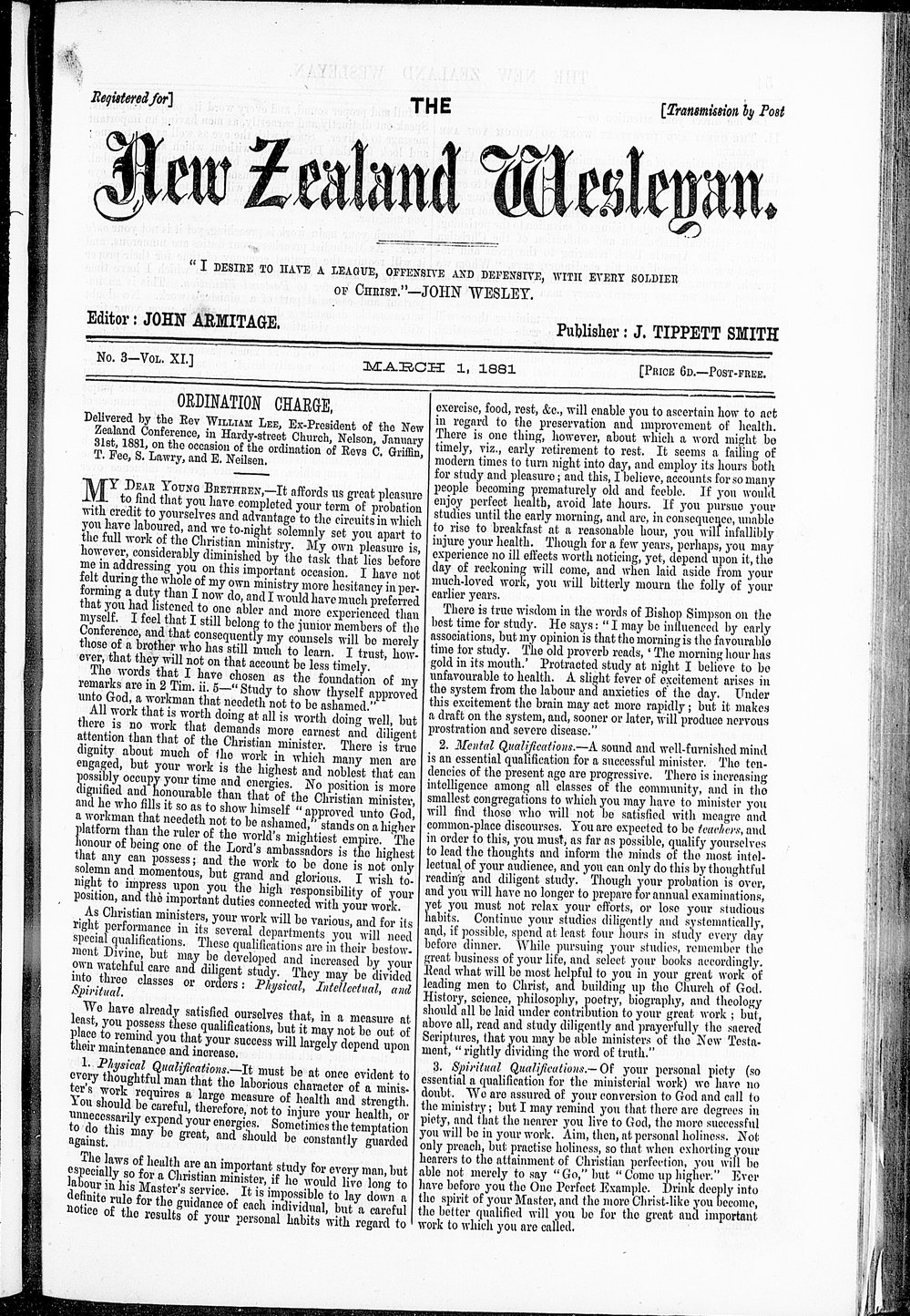 The New Zealand Wesleyan: 1st March 1891