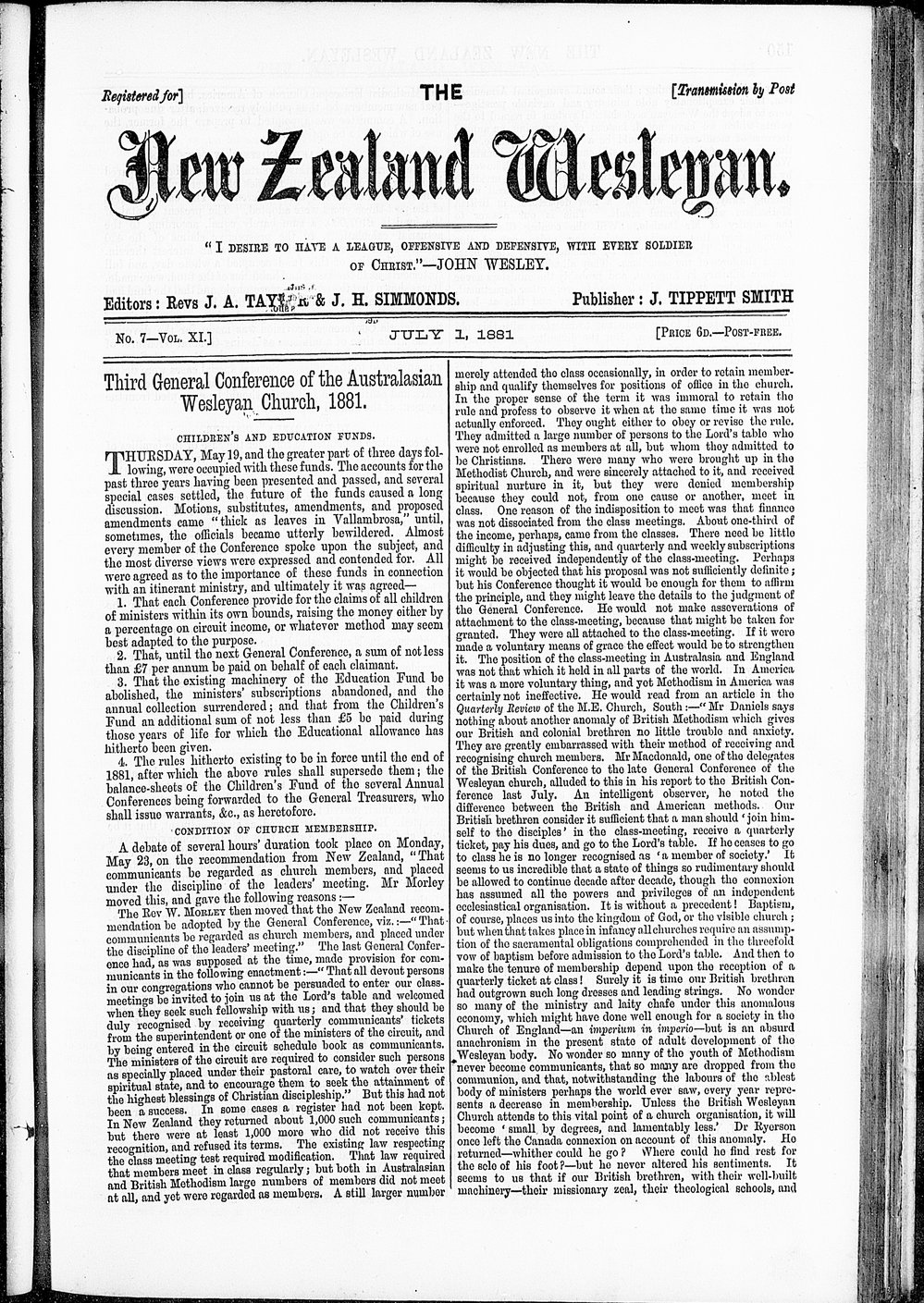 The New Zealand Wesleyan: 1st July 1891