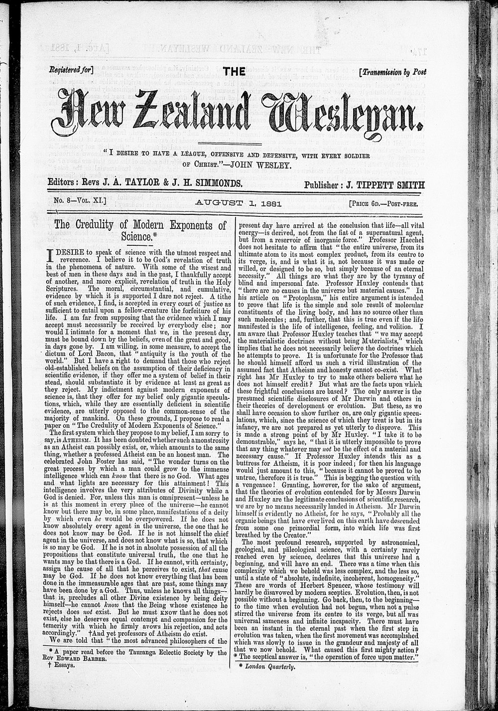 The New Zealand Wesleyan: 1st August 1891