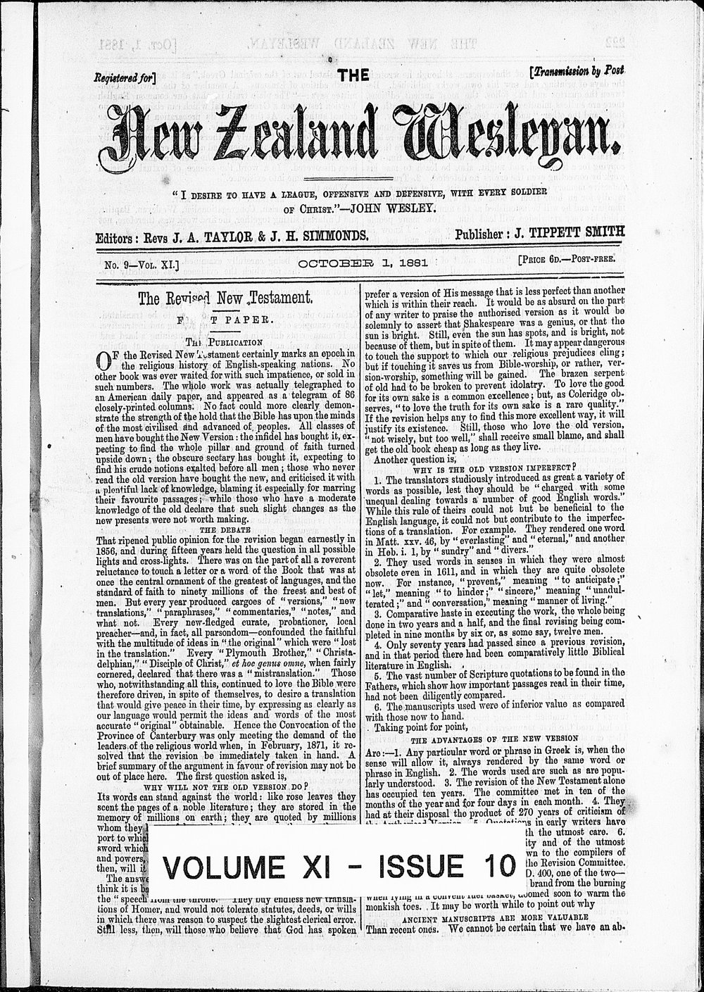 The New Zealand Wesleyan: 1st October 1891