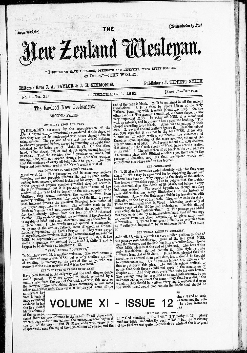 The New Zealand Wesleyan: 1st December 1891