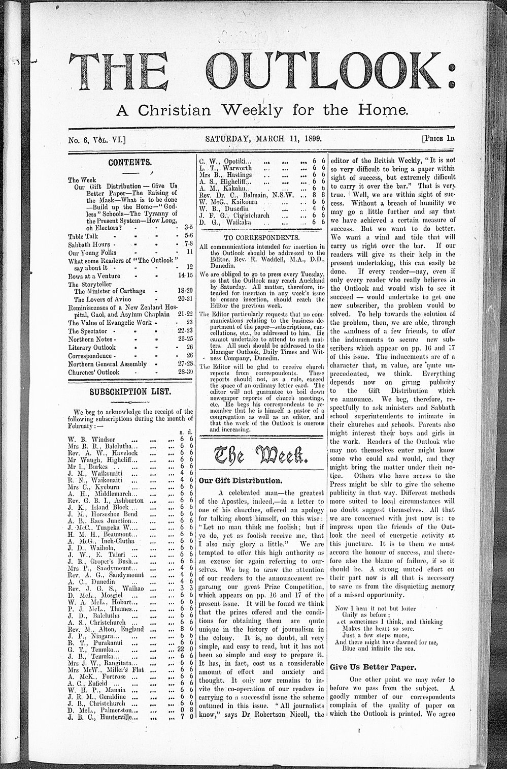 The Outlook: 11th March 1899