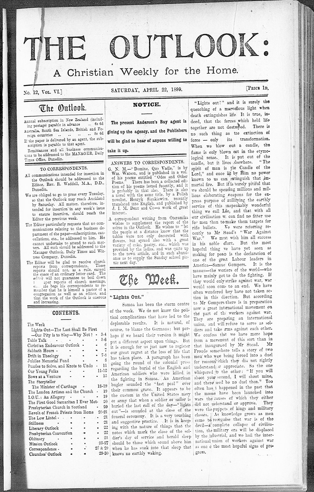 The Outlook: 22nd April 1899