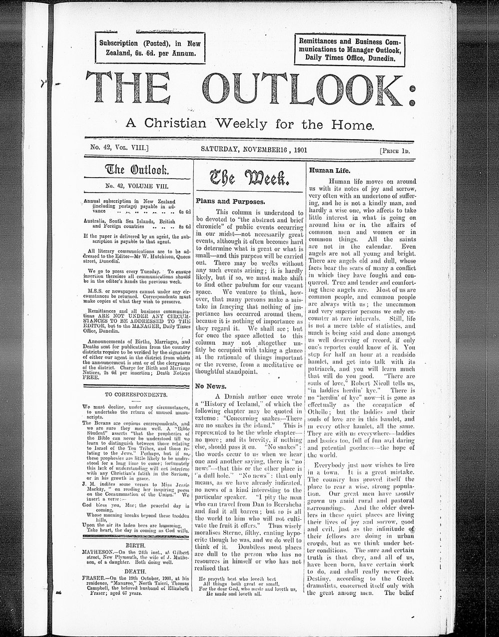 The Outlook: 16th November 1901