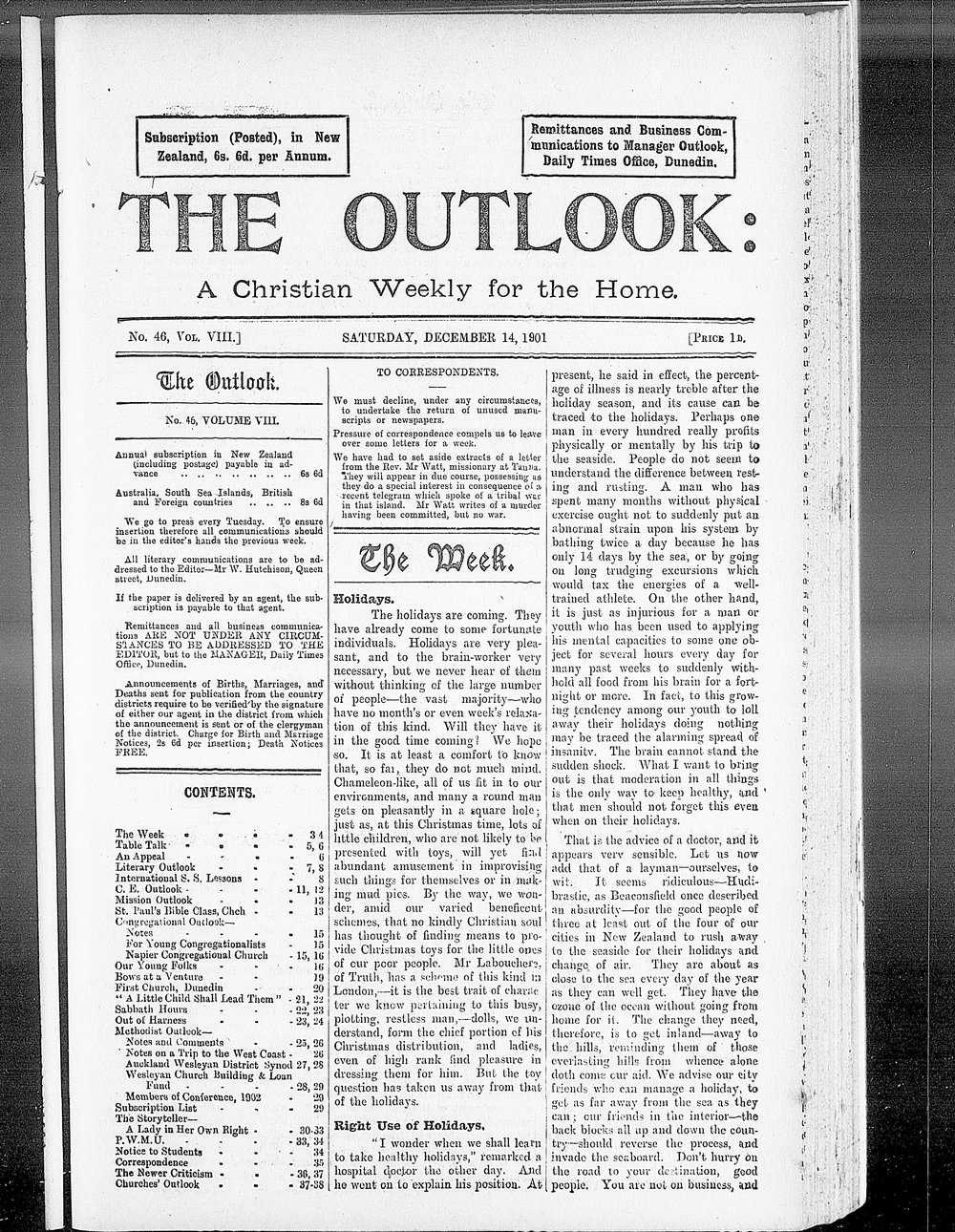 The Outlook: 14th December 1901