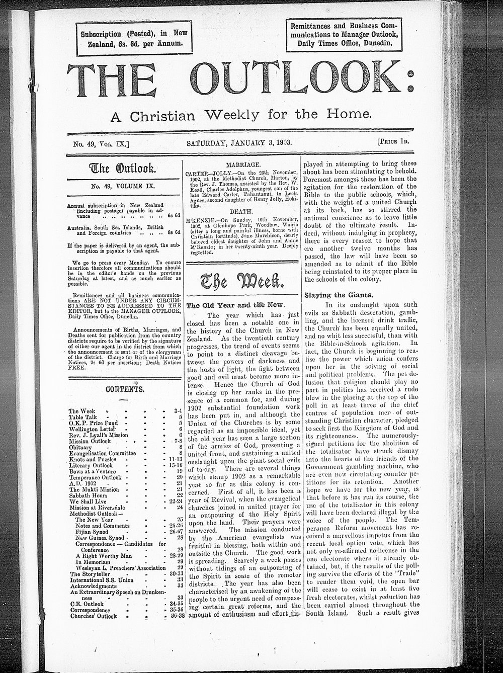 The Outlook: 3rd January 1903