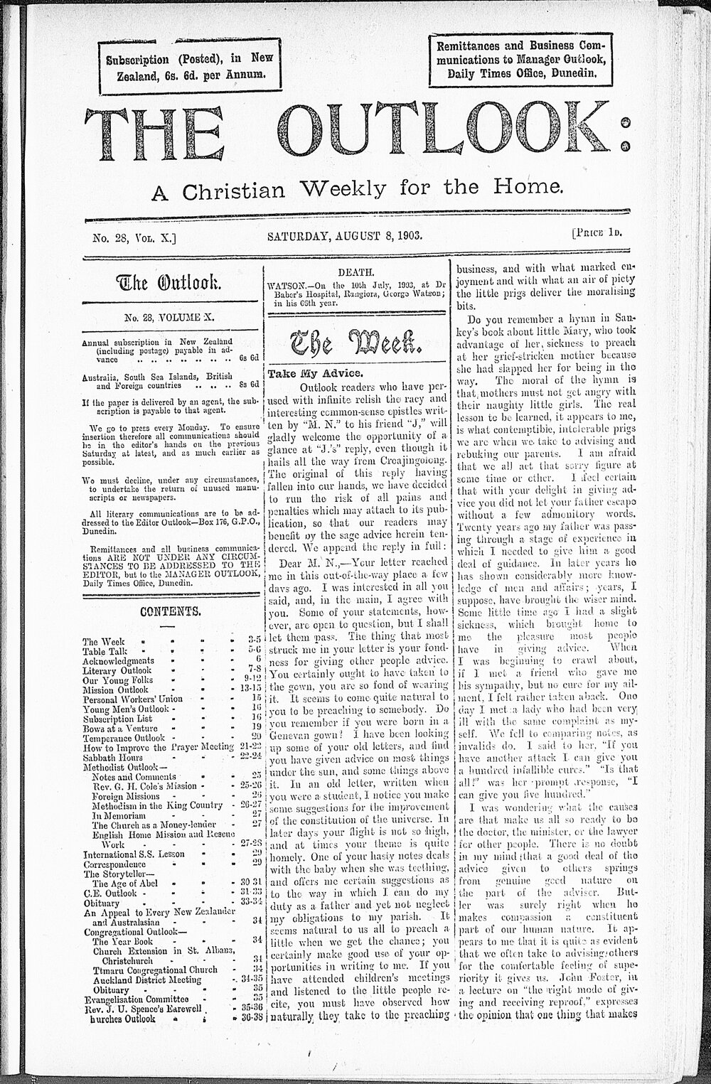 The Outlook: 8th August 1903