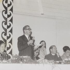 Honorable W J Scott speaking at the dedication of Holy Sepulchre Church as the Auckland Anglican Maori Mission church