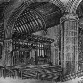 Church of St Andrew, Stoke in Teignhead, East Devon, drawing of interior showing pulpit, rood screen and arches