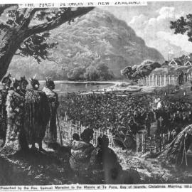 Depiction of Samuel Marsden preaching on Christmas day 1814