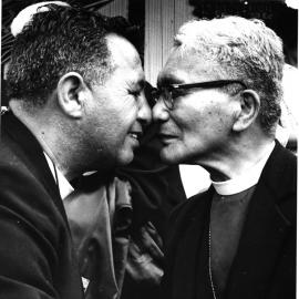 Bishop Manuhuia Bennett and Bishop Wiremu Panapa hongi at an unknown occasion.