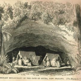 Missionary encampment in the cave of Okura, New Zealand.