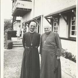 Display copy print on card,, with annotation – ‘Second Archbishop of Canterbury … most Rev. Dr Ramsey & Bishop J.T. Holland of Bishopscourt, River Rd, Hamilton