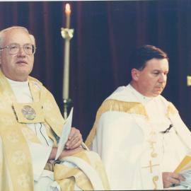 ‘Fourth Archbishop of Canterbury … Archbishop George Carey, seen with Bishop David Moxon … Claudelands showgrounds in 1997.’