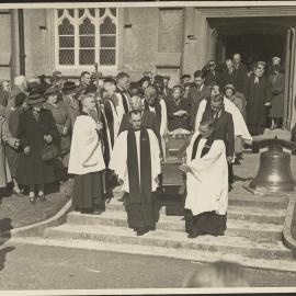 Display copy print on card, with annotation – ‘Funeral of our first Bishop, 1950 … Bishop Cherrington … here the funeral party can be seen leaving St peter’s Cathedral’.