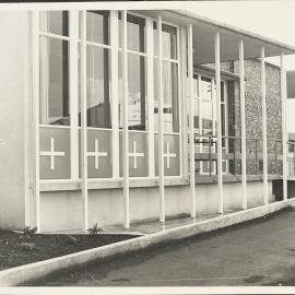 Interior & exterior view of building, ‘Church of England Diocese of Waikato’ as well as group photograph with Bishop of Waikato J.T. Holland, 1952