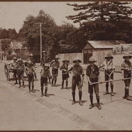 St Mary's New Plymouth Boy Scout Troop Round Mountain Trek. Scouts hitched to a trek cart