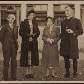 Group portrait of Blair Whyte (Diocesan Secretary, Mrs Thora Holland, Miss Fitchett (Head, Waikato Diocesan School), Bishop John T Holland