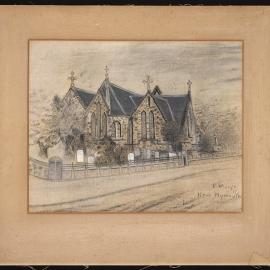 St Mary's Church New Plymouth, pastel and embroidery sketch